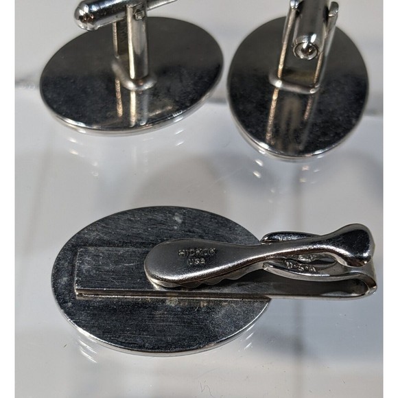 VINTAGE ESTATE HICKOK USA SILVER TONE INITIAL A CUFF LINKS AND TIE CLIP SET LOT - Picture 3 of 5